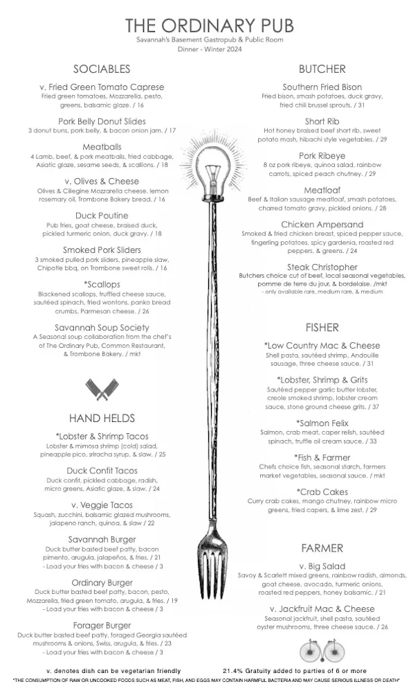 Ordinary Menu Dinner Menu | The Ordinary Pub | American Restaurant, Pub in Savannah, GA