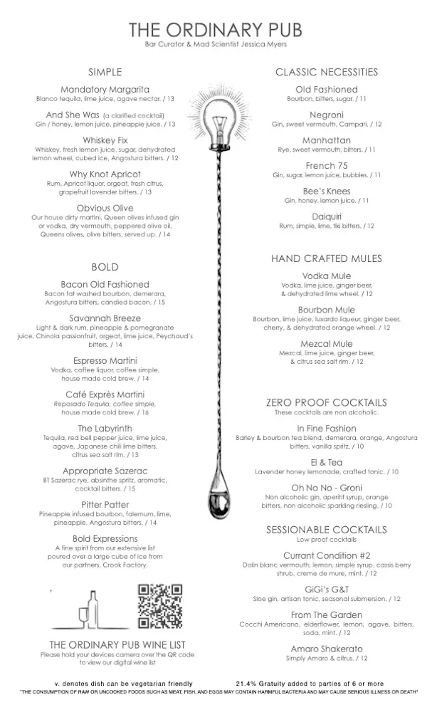 Ordinary Menu Dinner Menu | The Ordinary Pub | American Restaurant, Pub in Savannah, GA