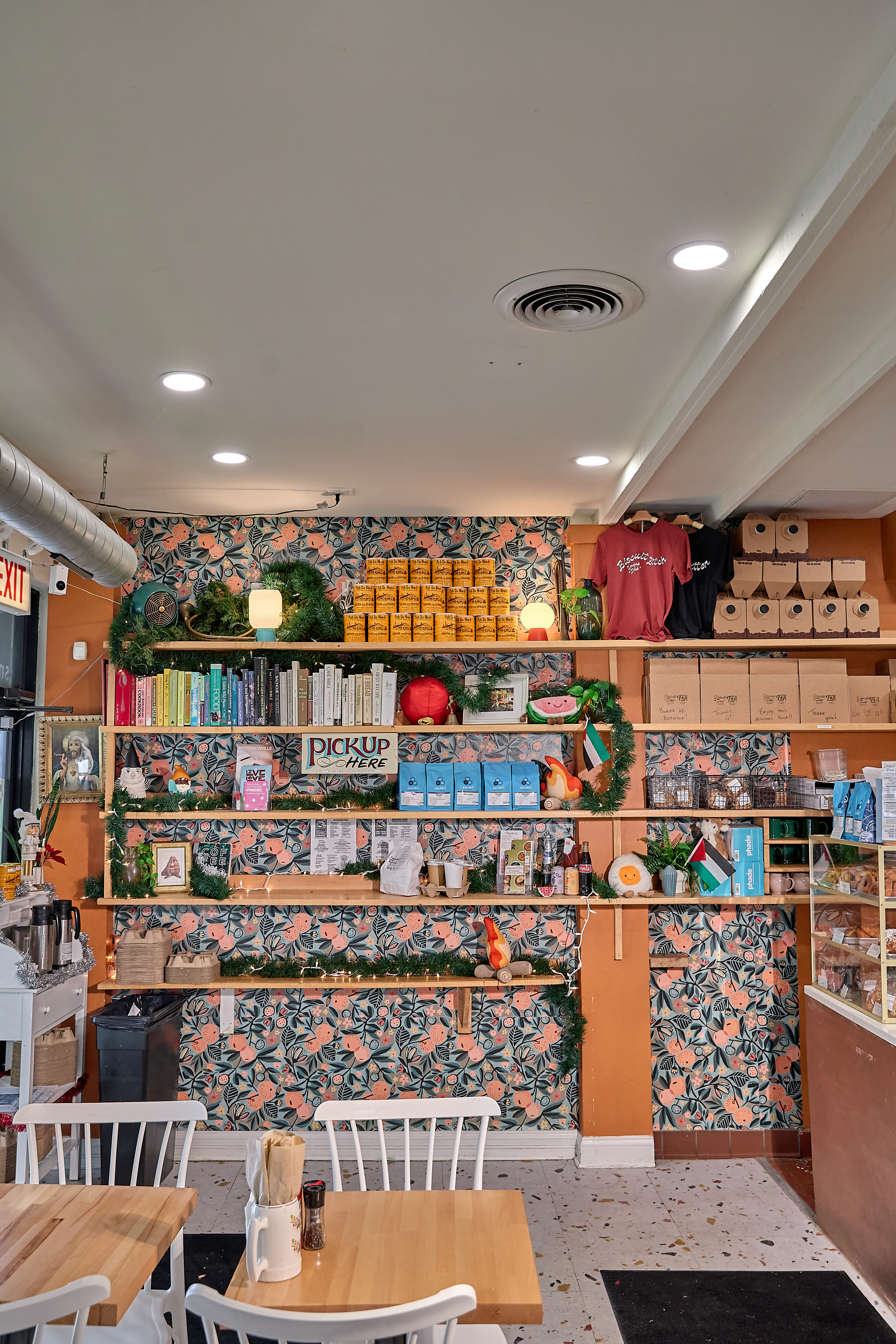 a shelf with shelves and shelves with food items on it