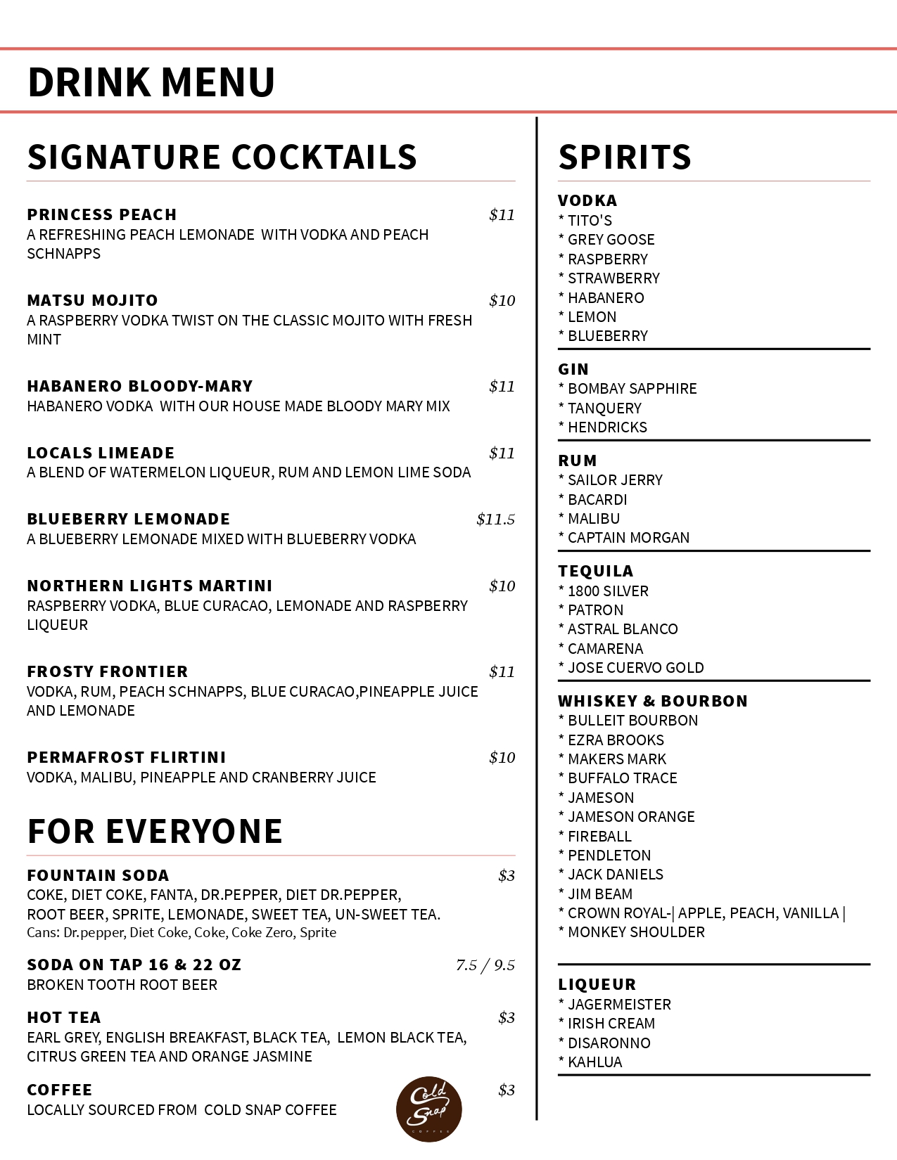 a menu with black text