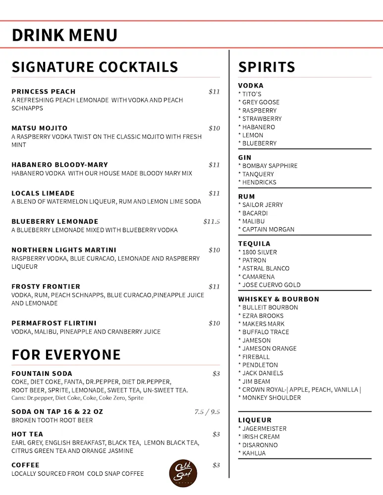 a menu with black text