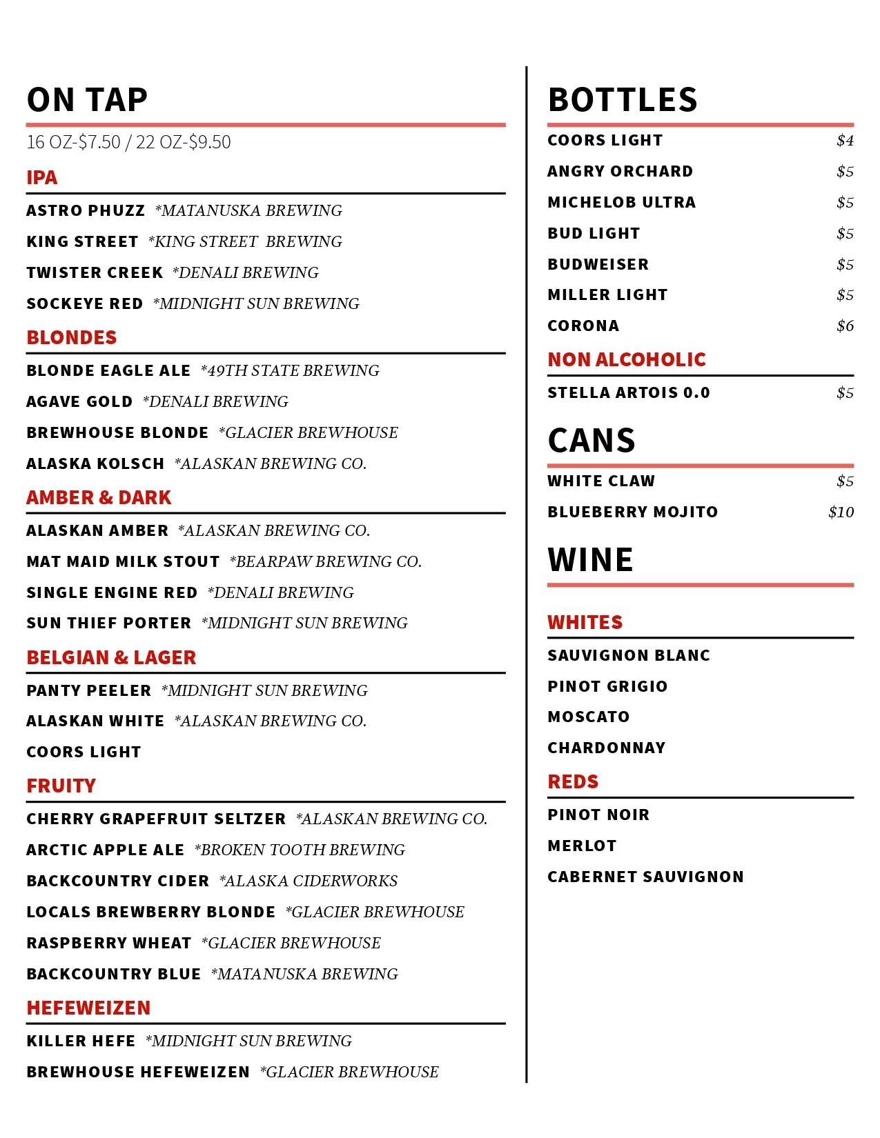 a menu with black text