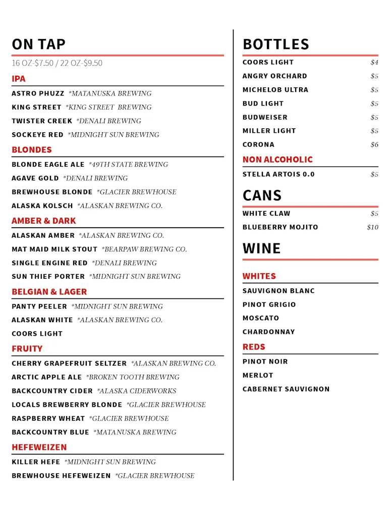 a menu with black text