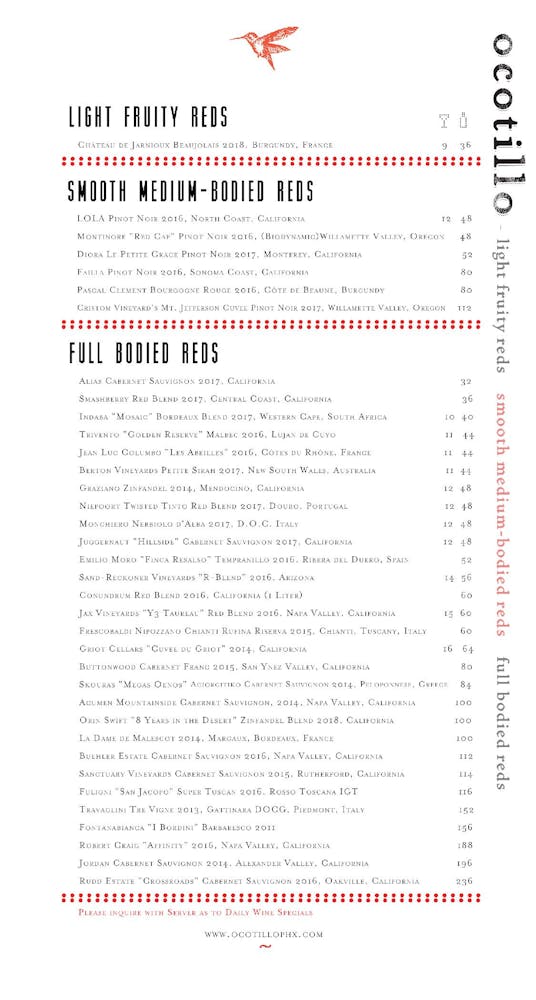Menus Ocotillo