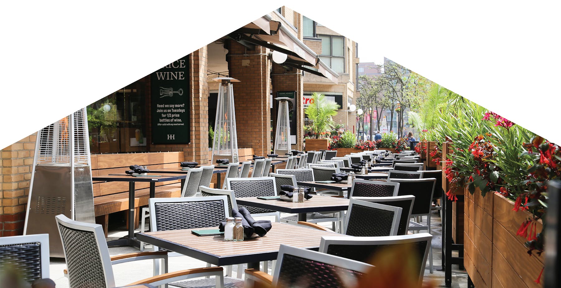 a dining room table in front of a building