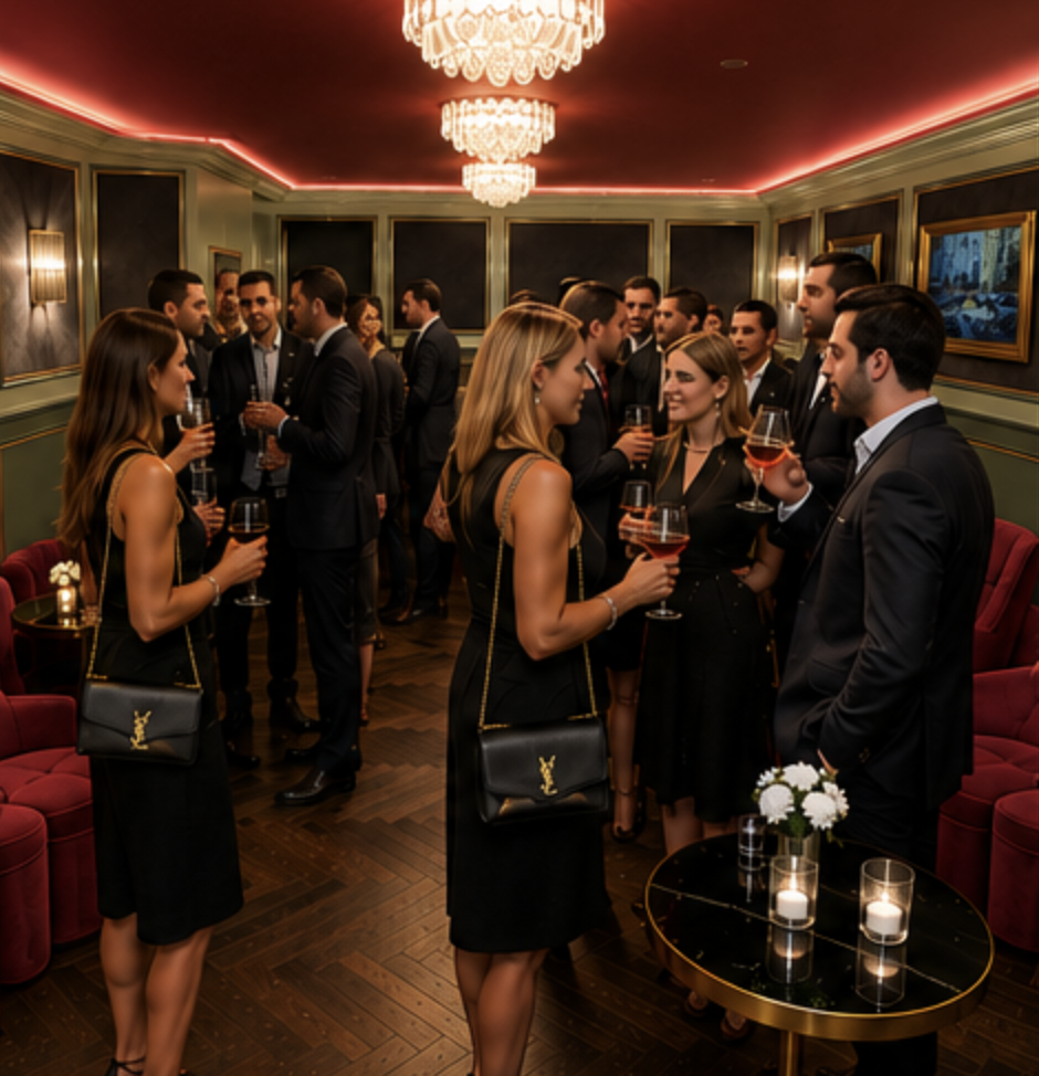 Maison Madison gallery lounge arranged for an intimate cocktail reception