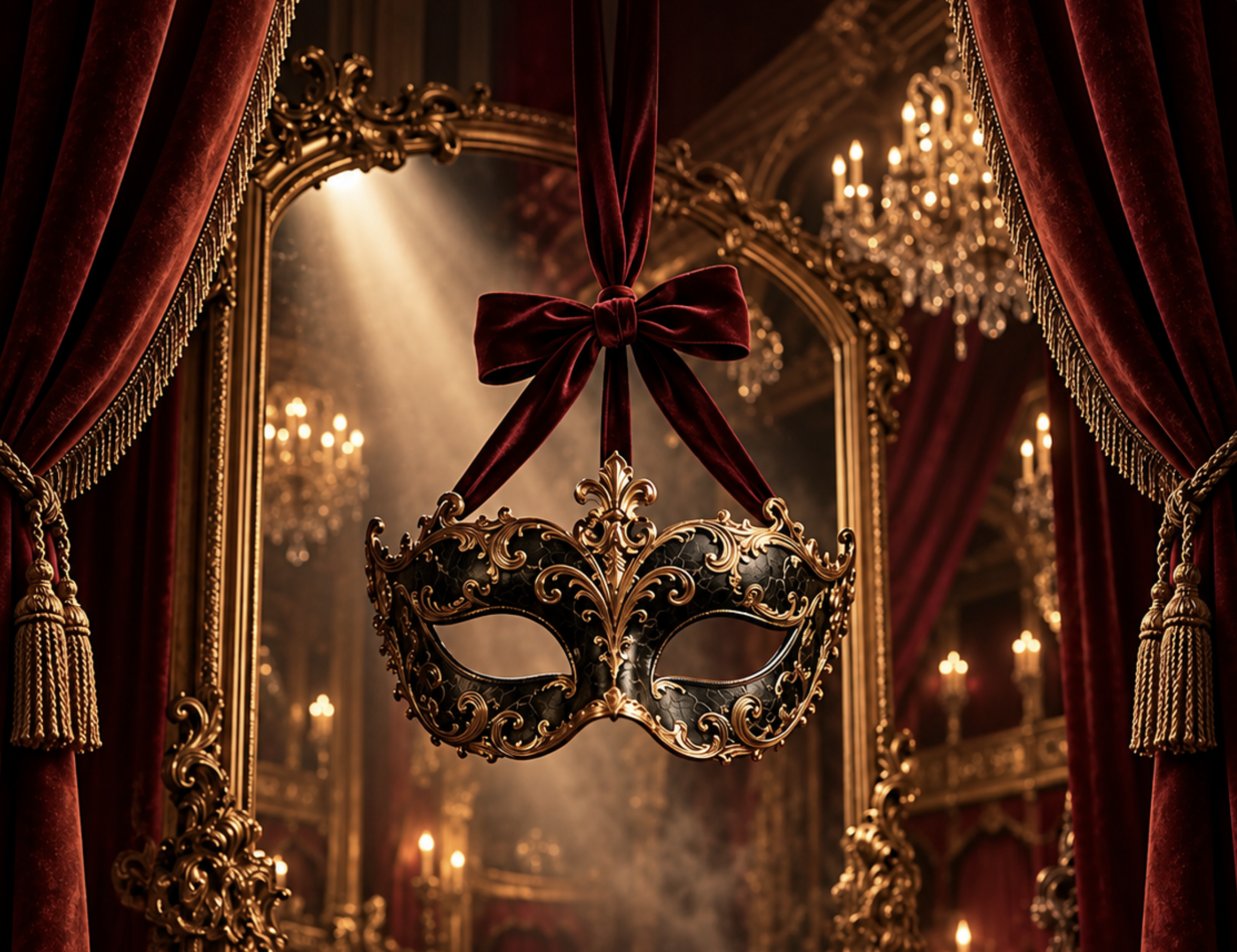 An ornate black and gold masquerade mask surrounded by burgundy velvet and candlelight