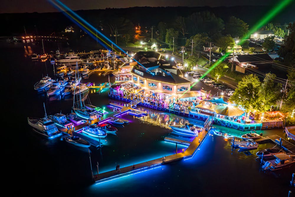 a boat that is lit up at night