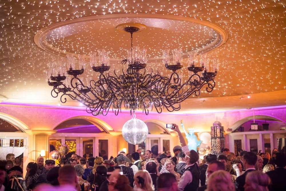 a group of people standing in front of a crowd