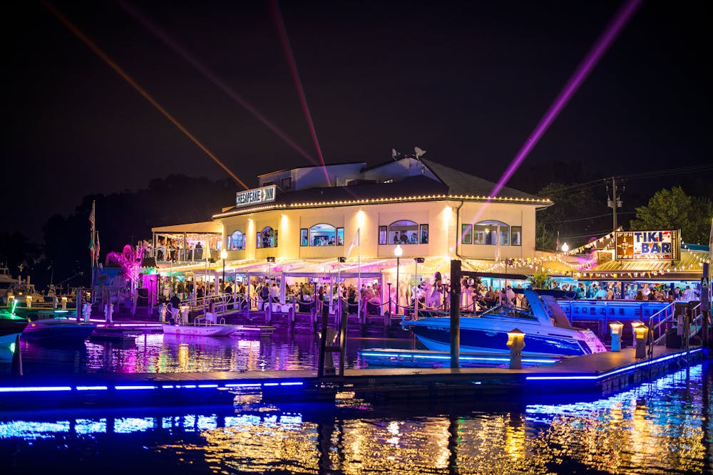 a boat that is lit up at night