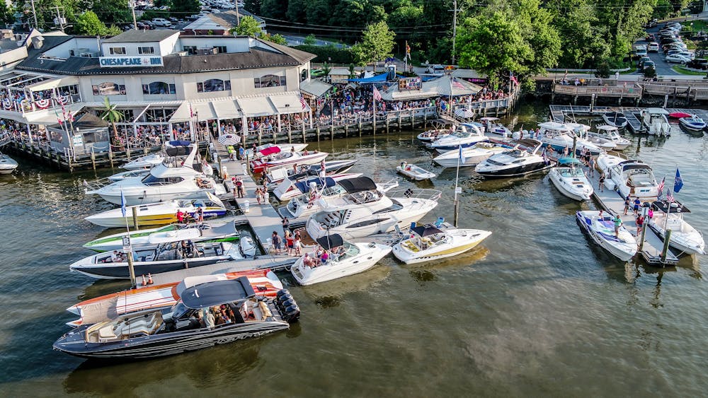 a boat is docked in a harbor