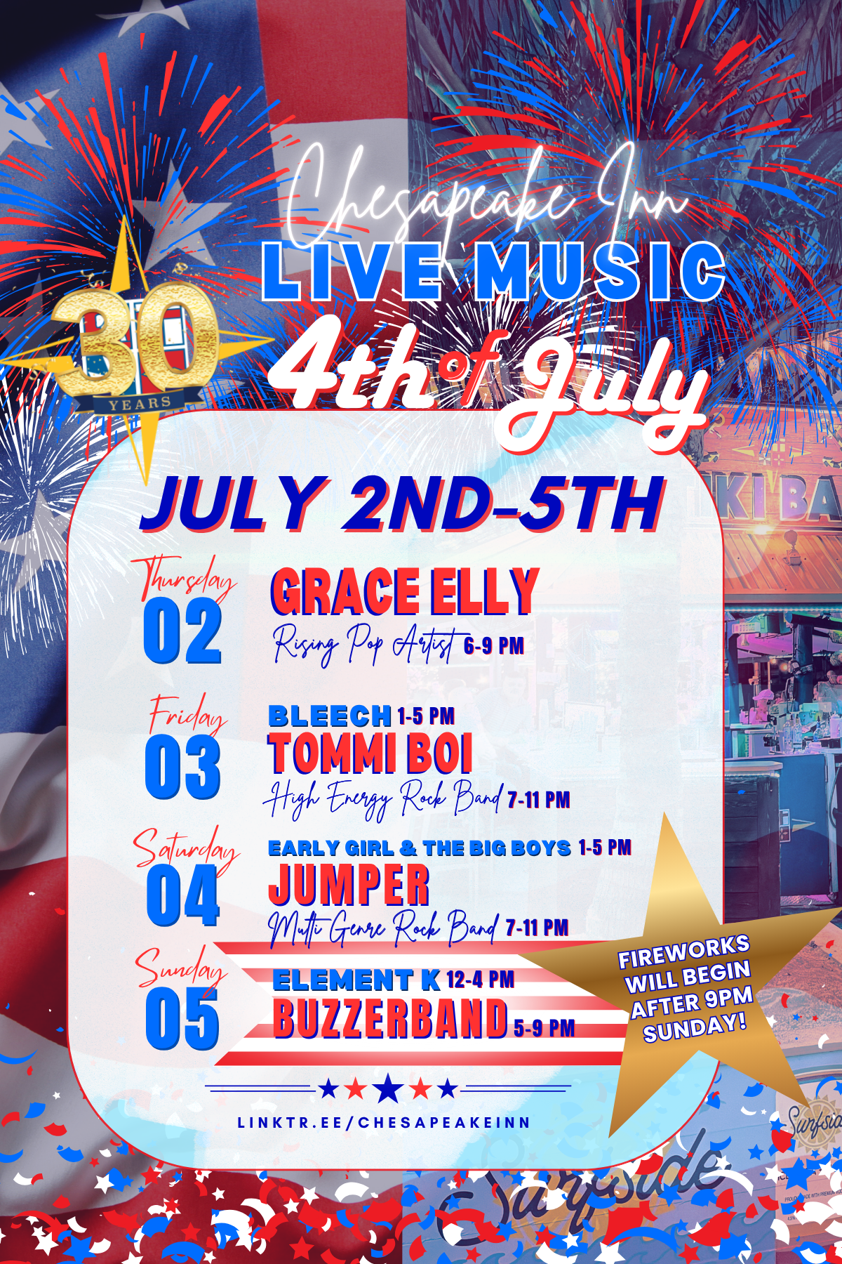 a poster with fireworks and text
