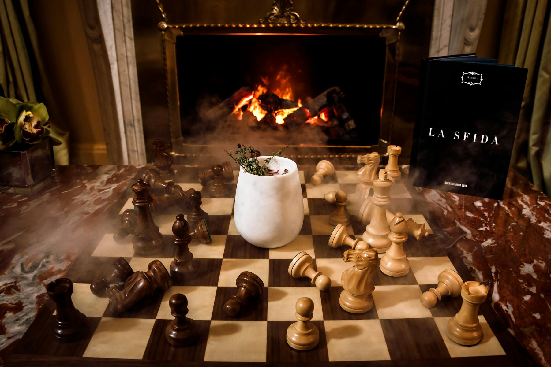 a table topped with a fireplace