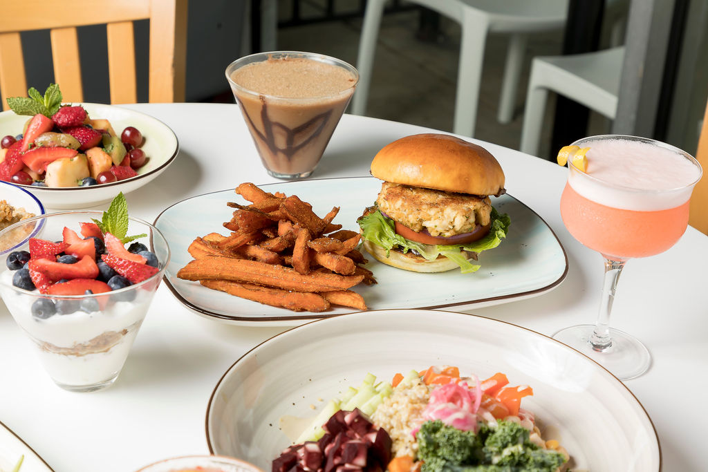 a plate of different food and drinks