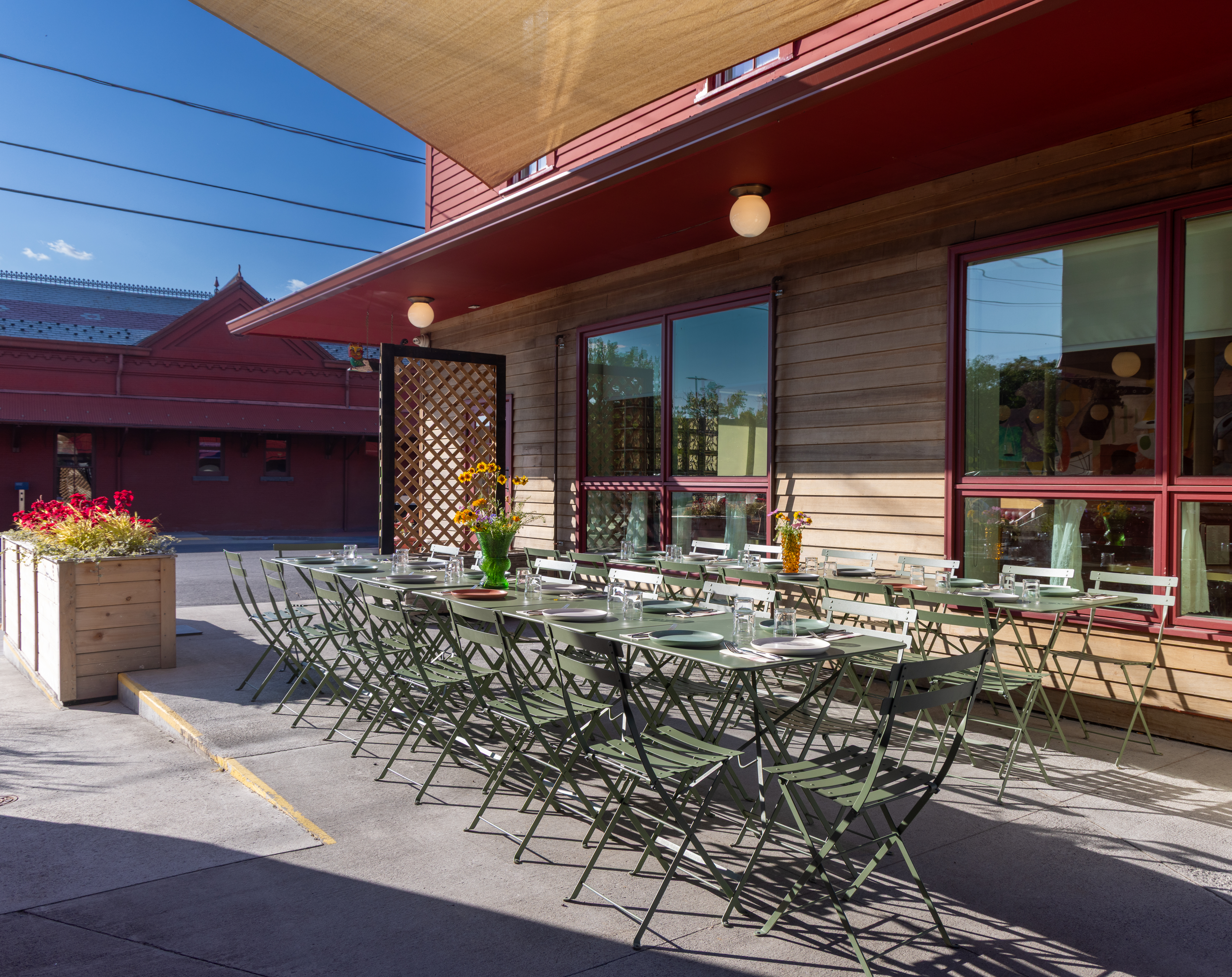 a bench in front of a building