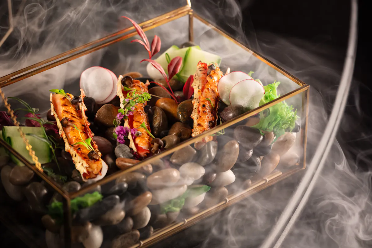 a glass container with food in it