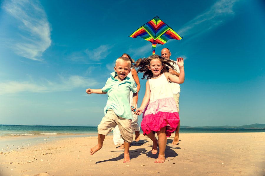 a person flying a kite on the beach