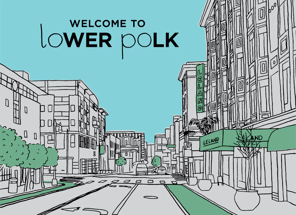 a colored drawing of a city that read welcome to lower polk