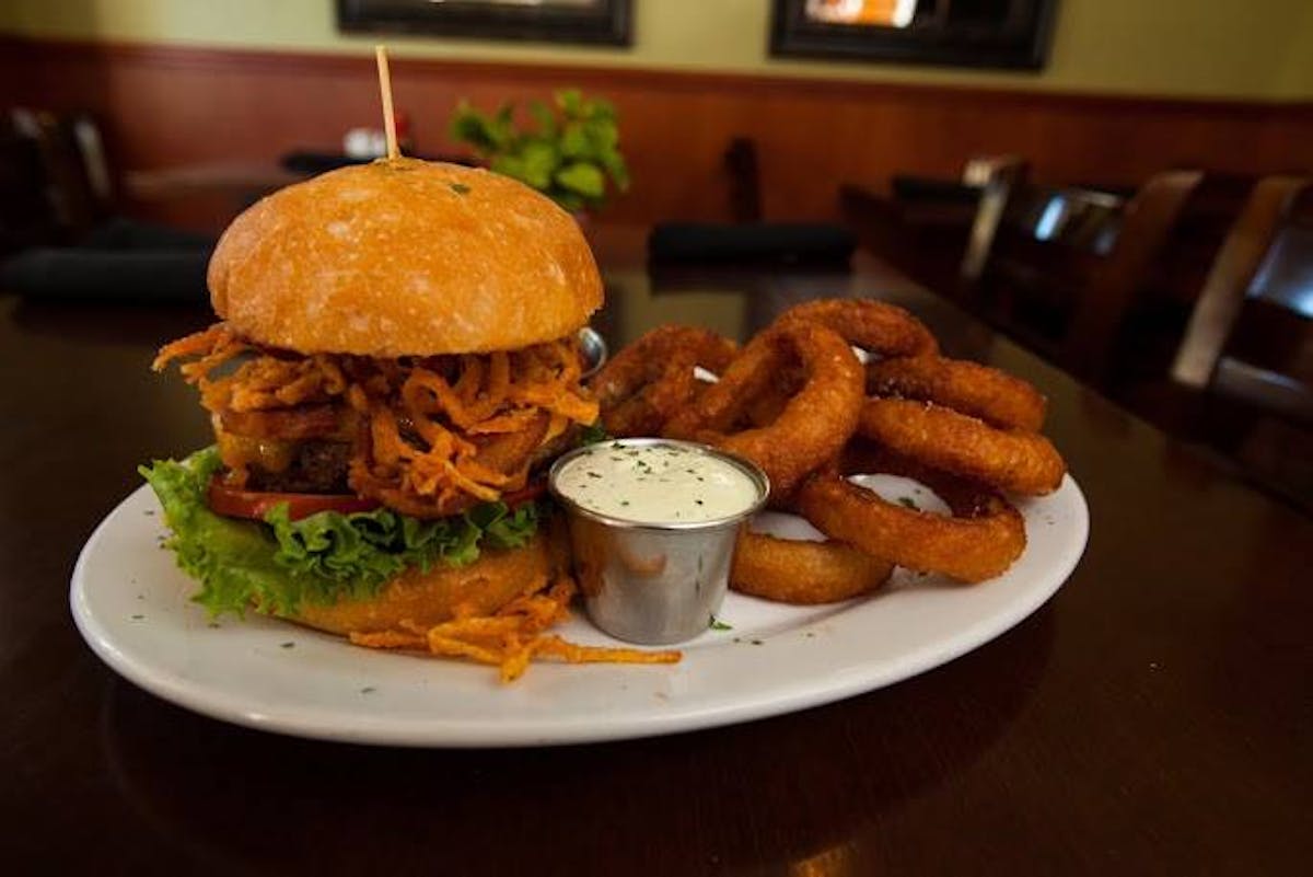 hamburger, onion rings, rodzilla