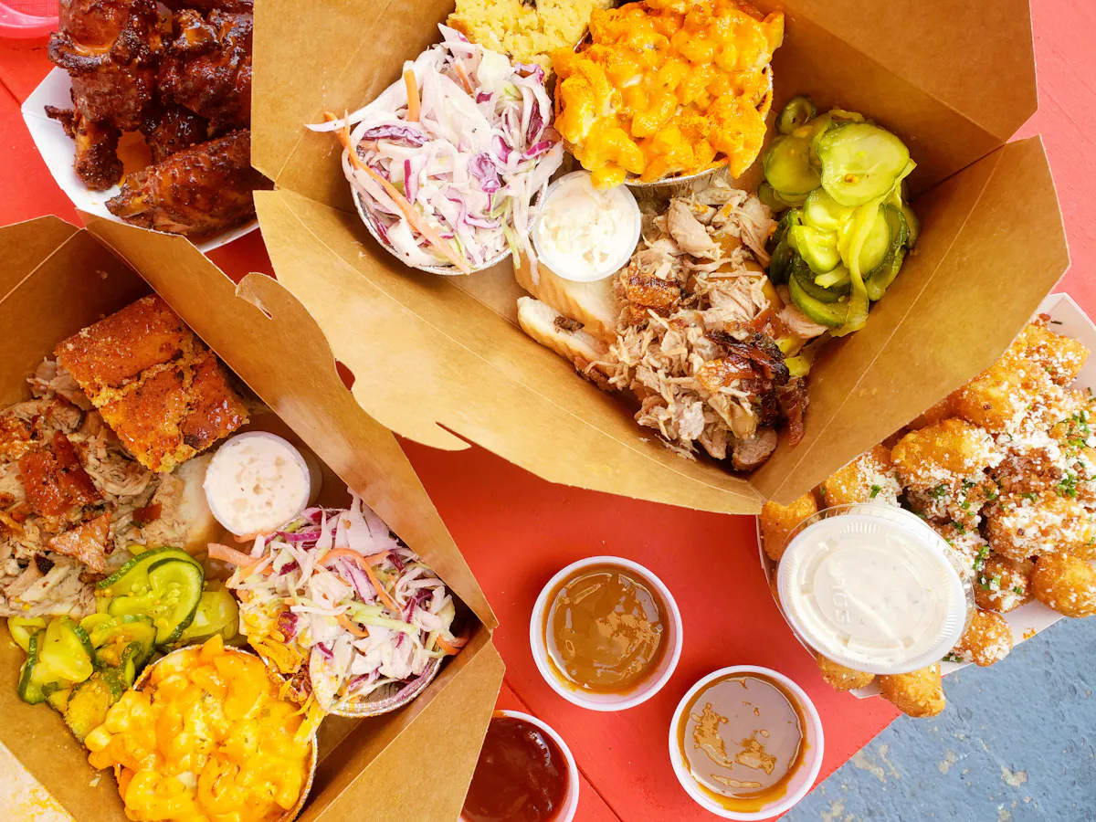 a box filled with different types of food on a table