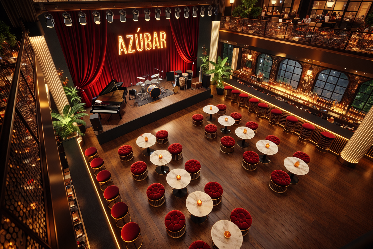 a stage with tables and chairs and a stage with a stage and a piano