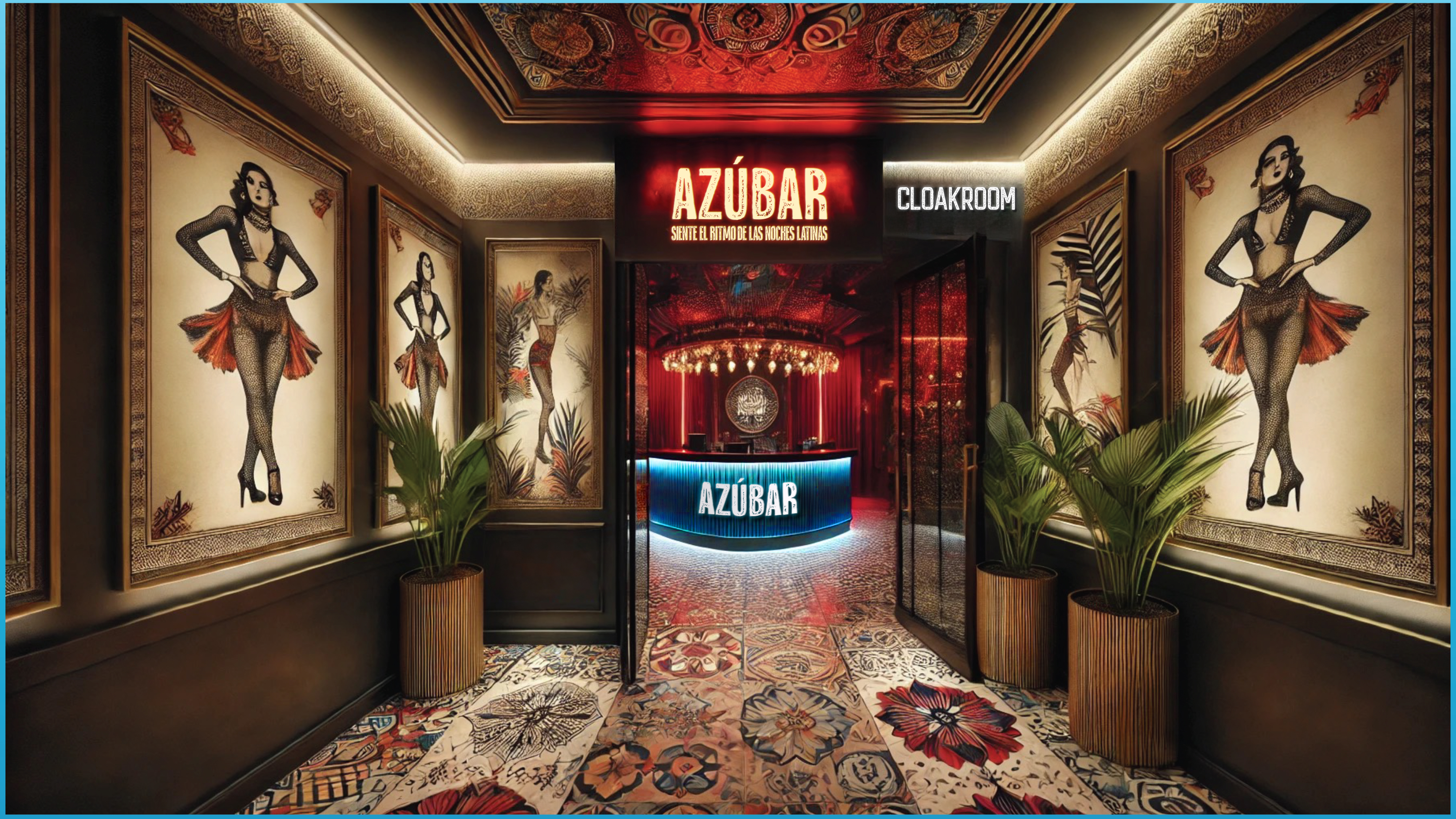 a room with a bar and a sign