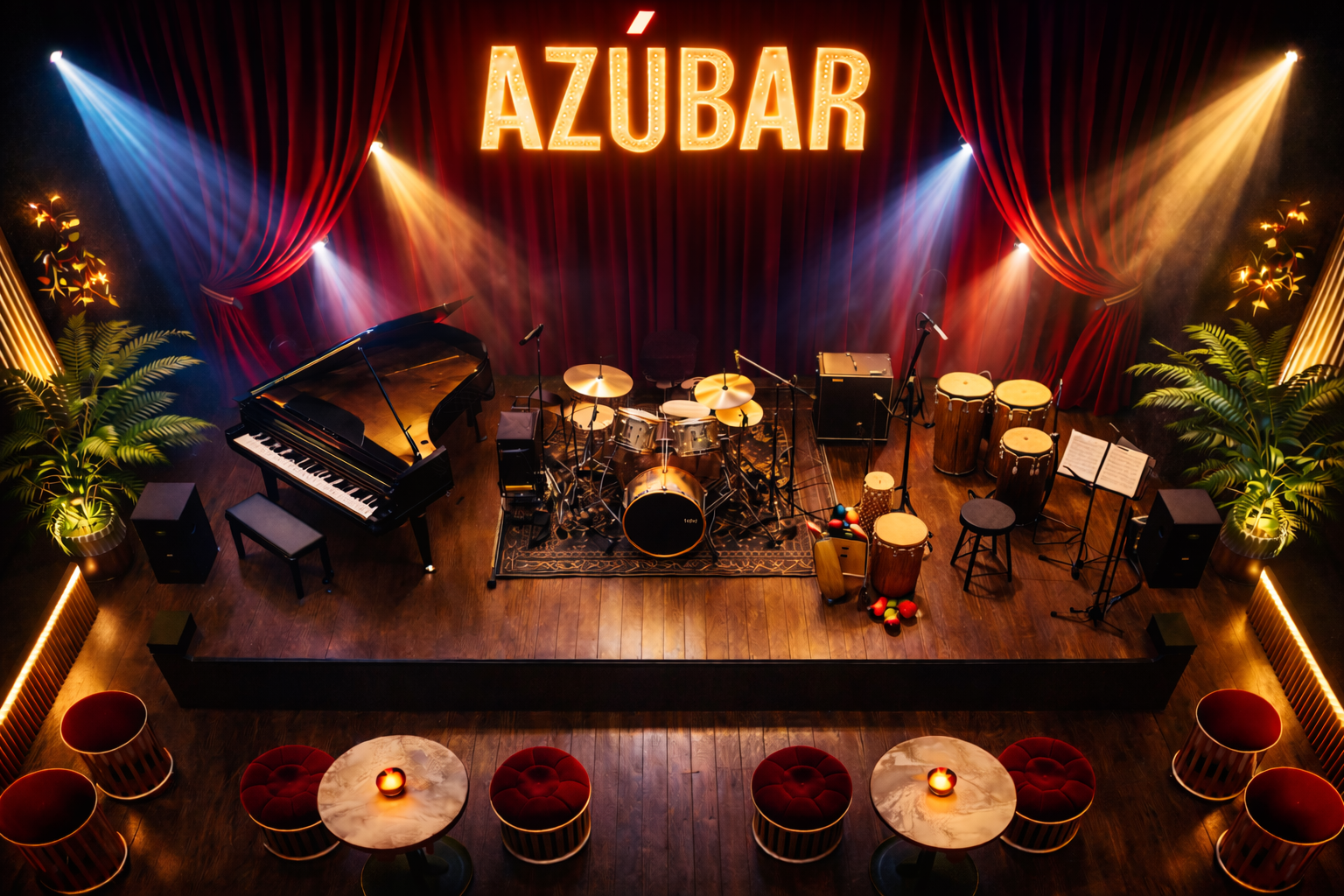 a stage with a piano and drums