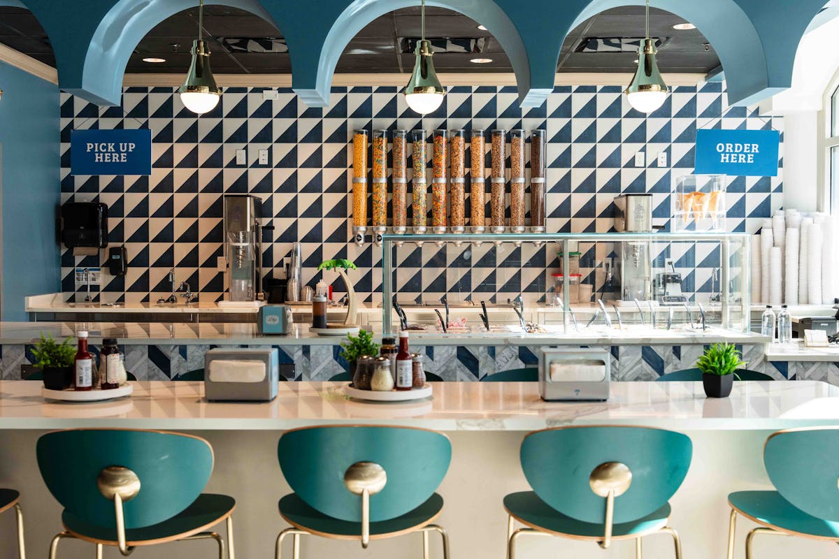 a chair sitting in front of a building