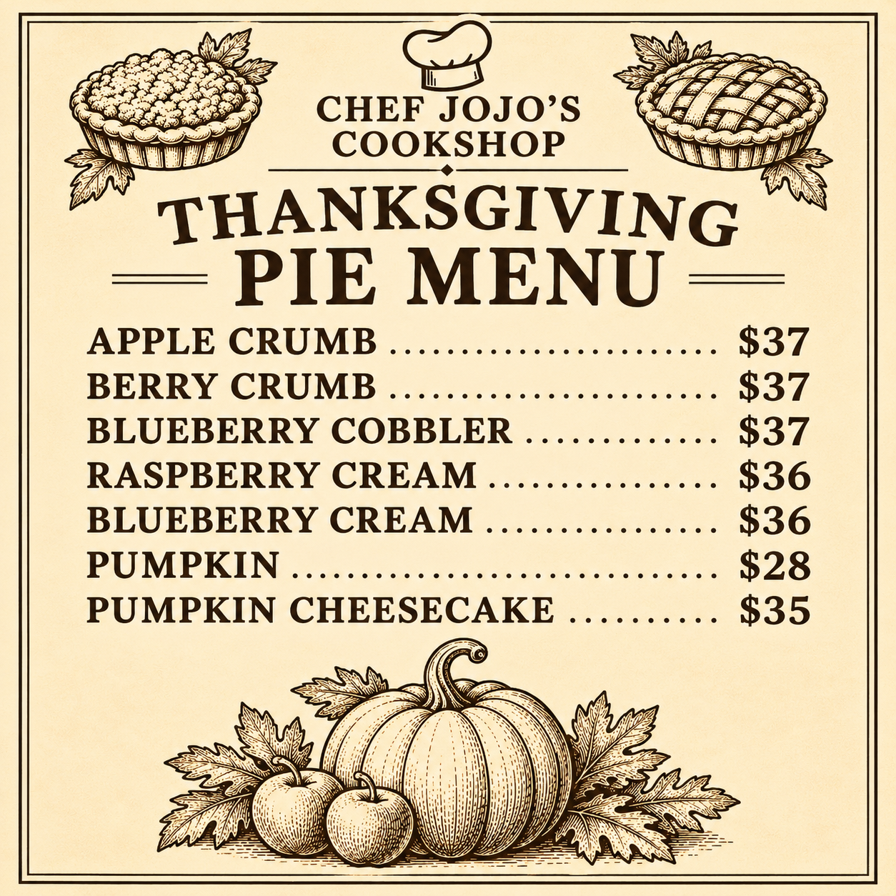 a menu with pies and fruits