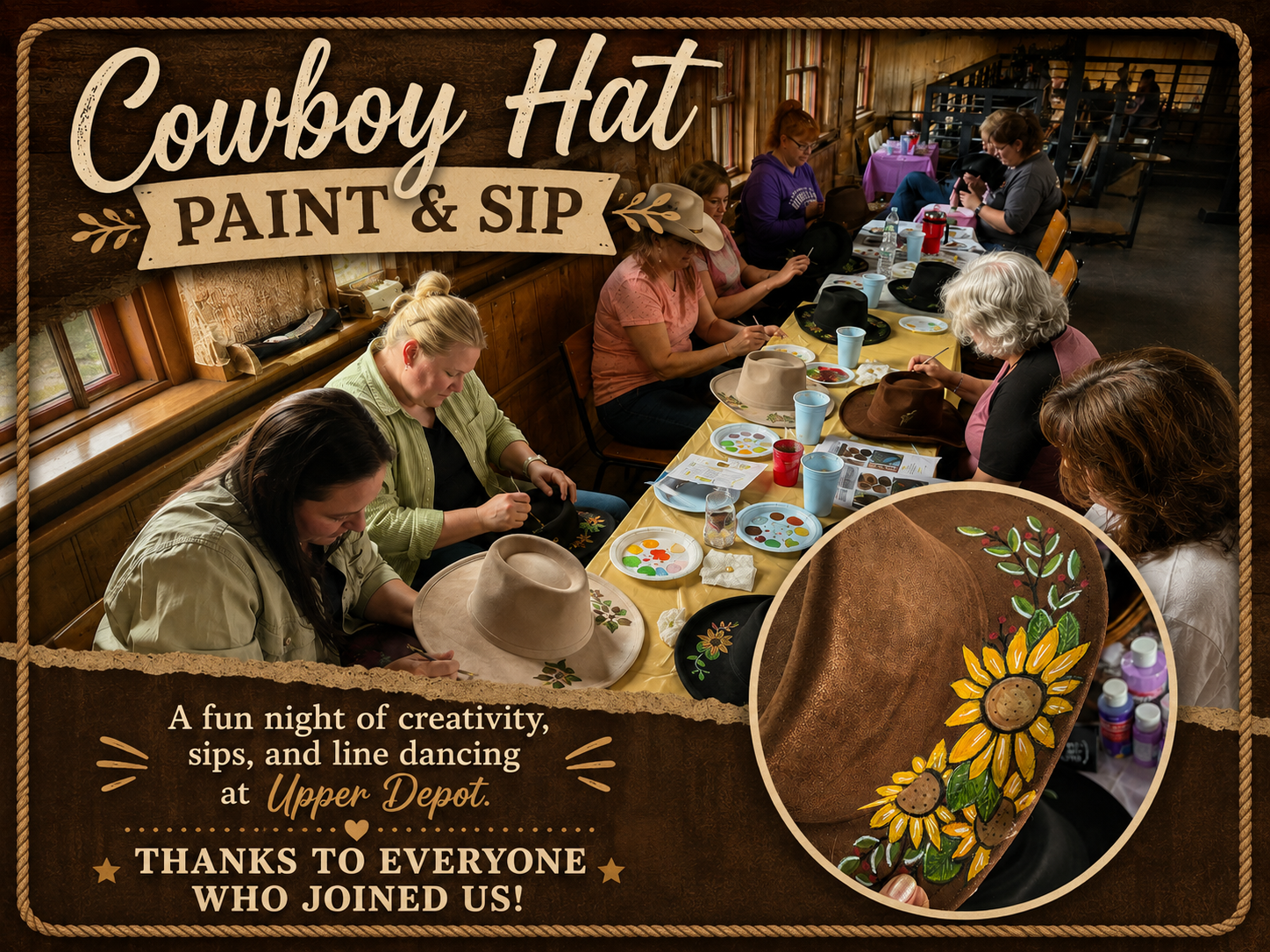 a group of people sitting at a table with hats