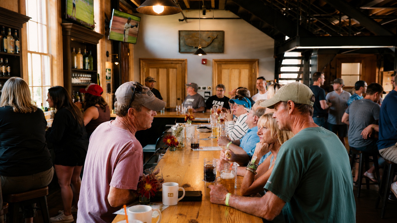 a group of people sitting at a long table