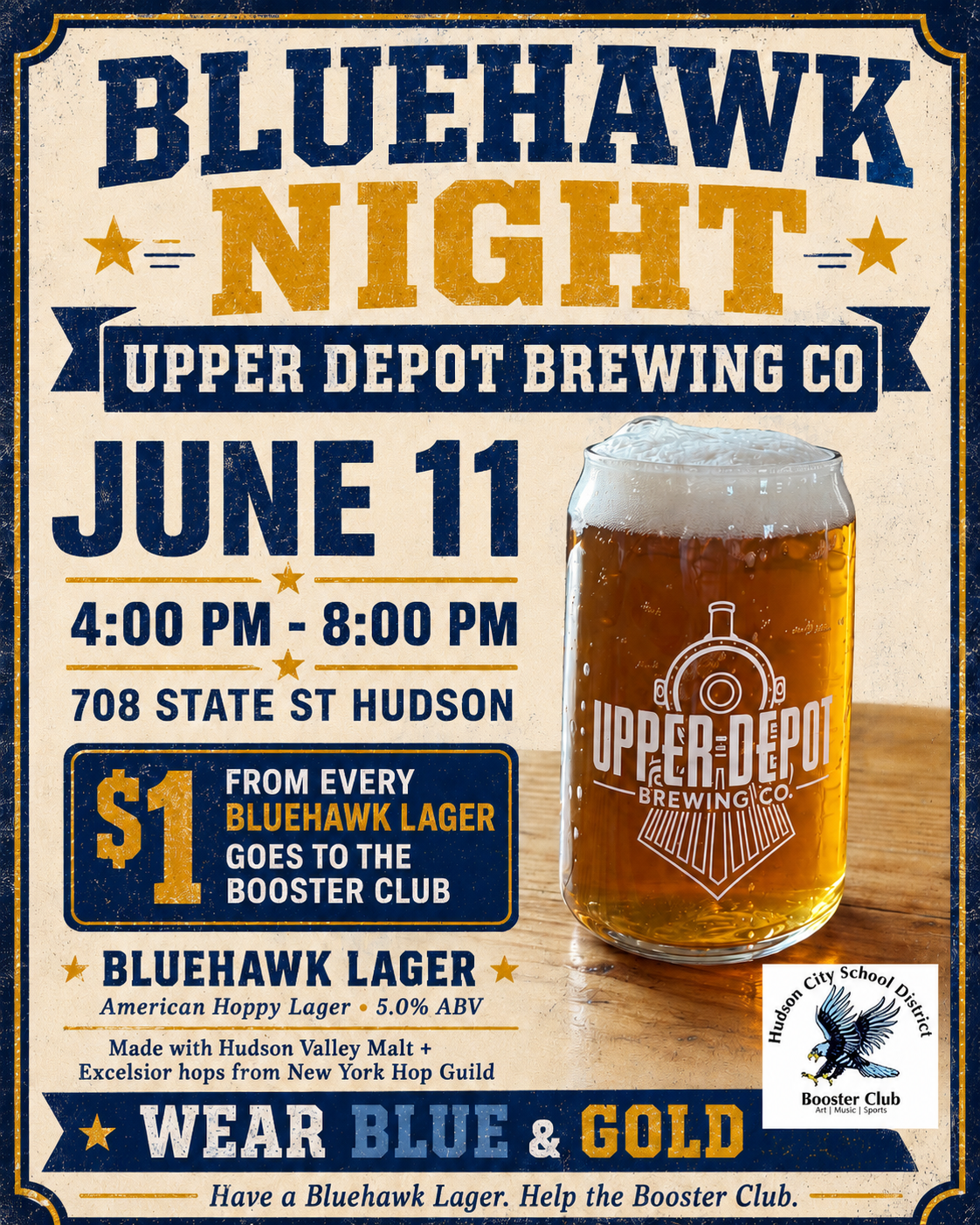 Bluehawk Night at Upper Depot Brewing Co. supporting the Hudson City School District Booster Club with Bluehawk Lager.
