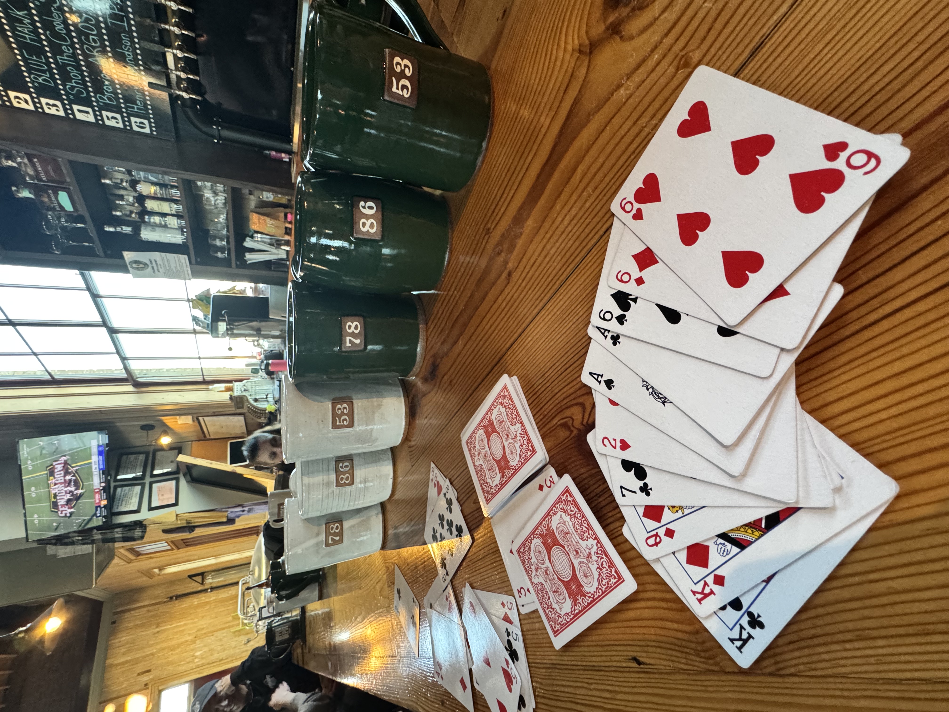 a table with cards and mugs on it