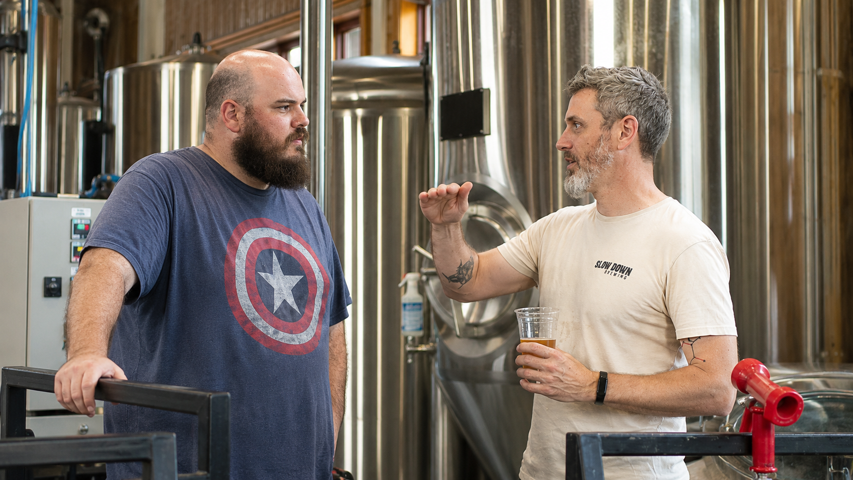 Aaron Maas, Jonathan Spanos discussing Long Way Saison, Upper Depot Brewing Co., Hudson, NY