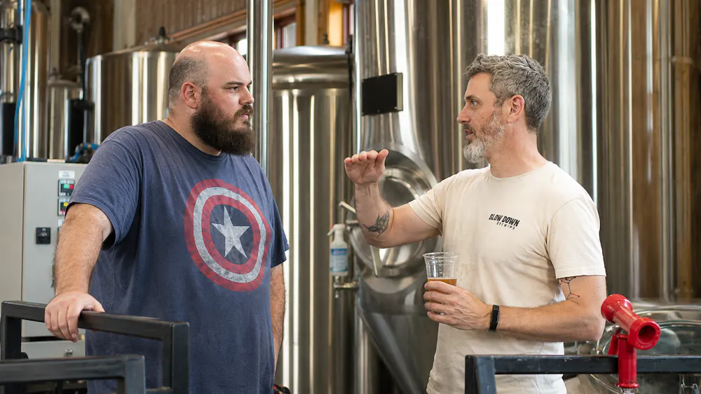 Aaron Maas, Jonathan Spanos discussing Long Way Saison, Upper Depot Brewing Co., Hudson, NY