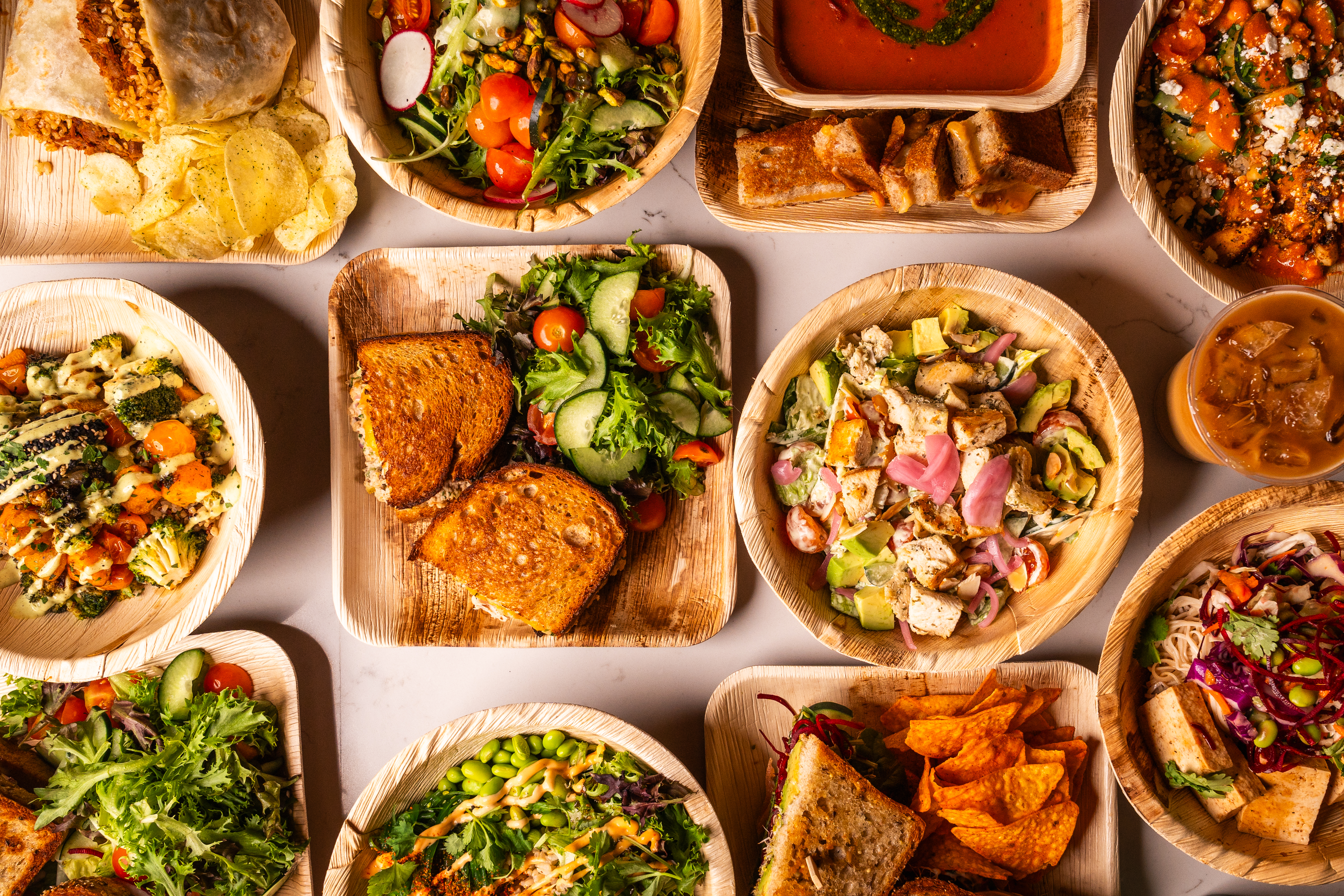 a group of wooden bowls of food