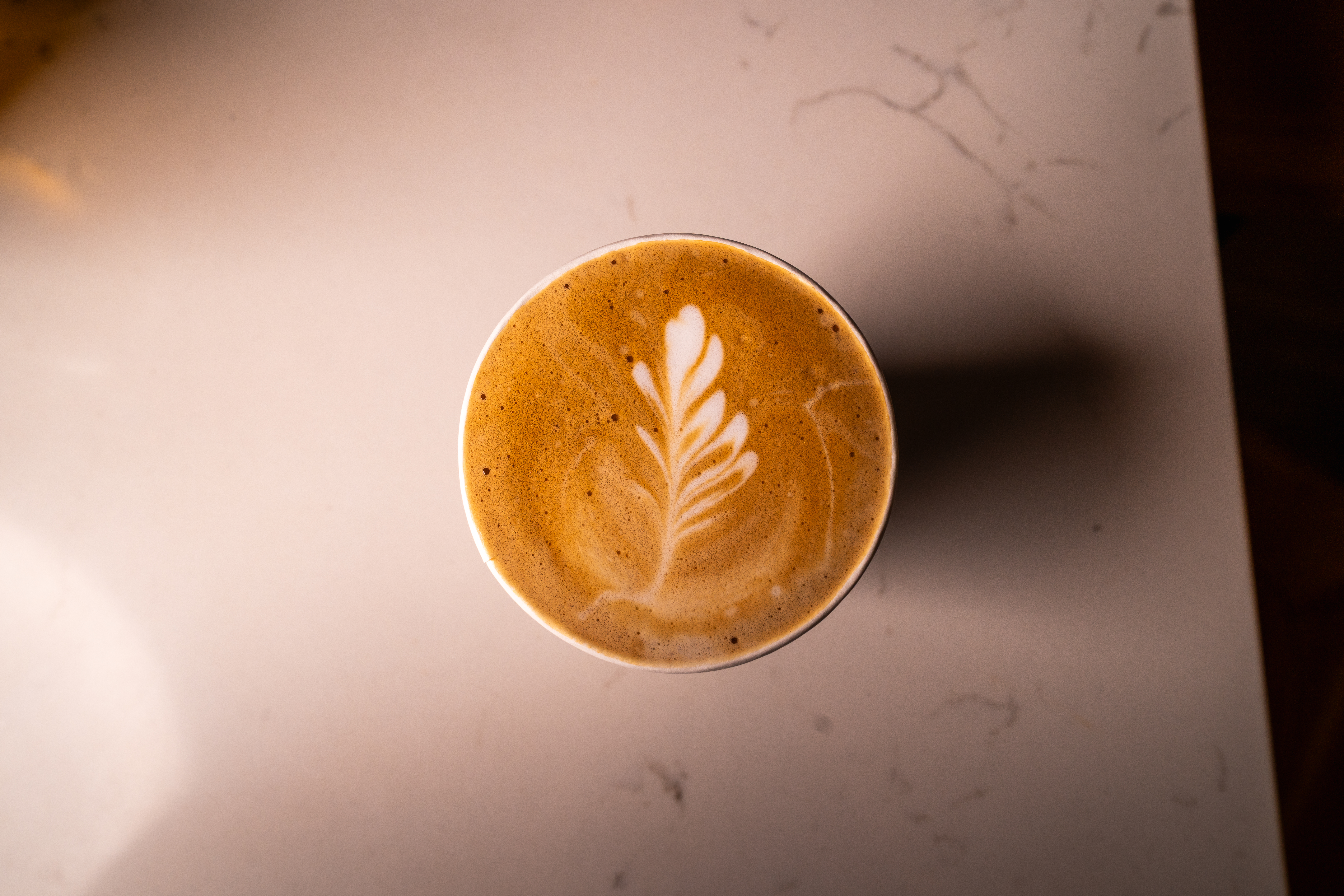 a cup of coffee with a leaf design on top