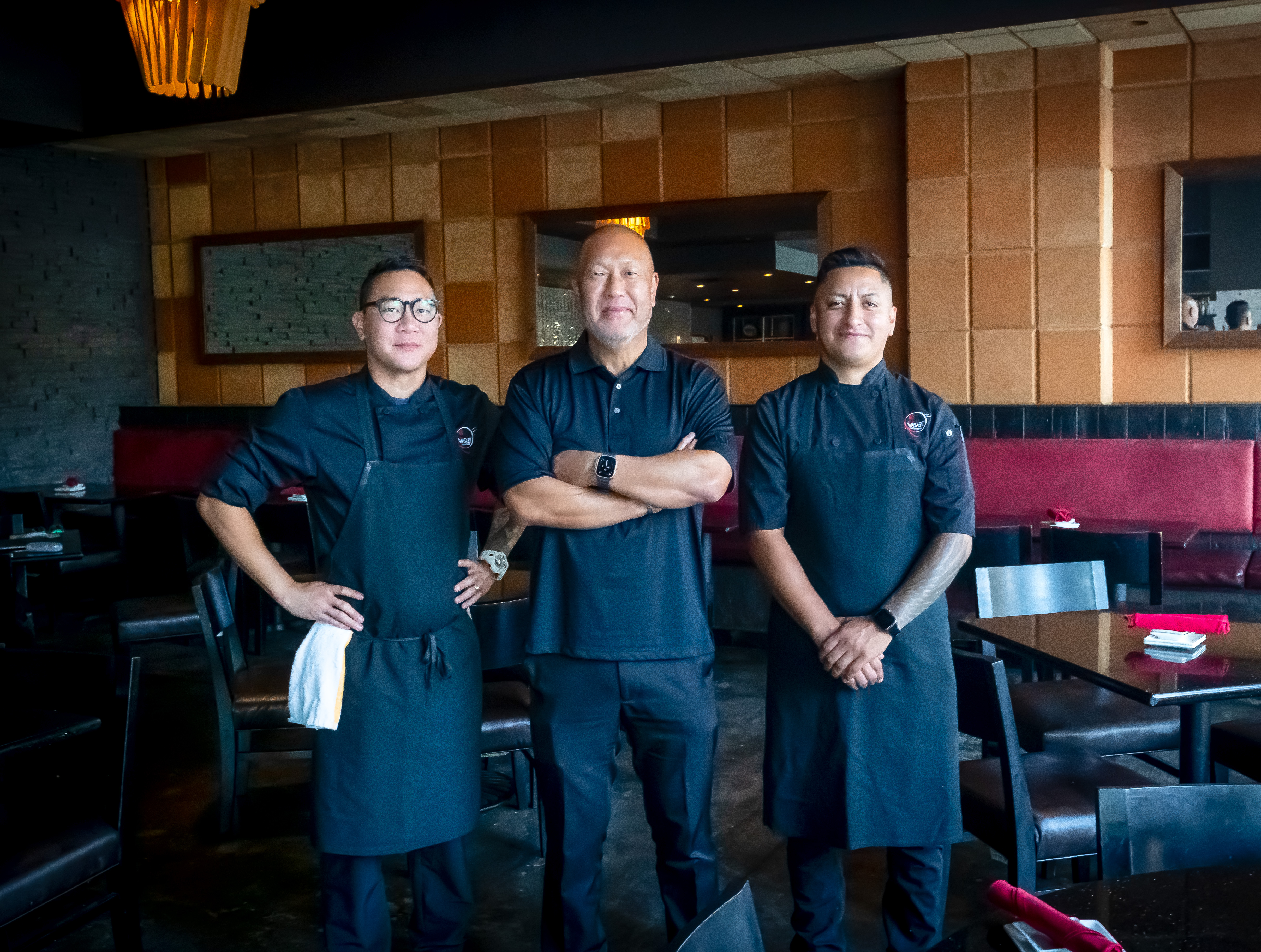 a group of people standing in a room