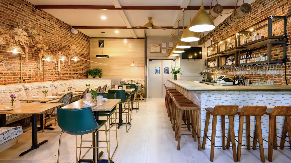 a restaurant with tables and chairs