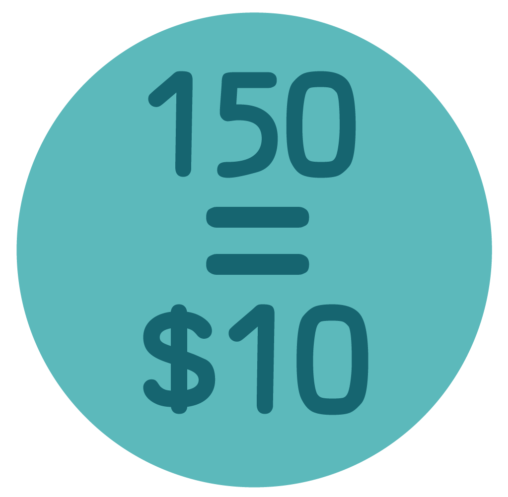 150 points equals ten dollar rewards icon