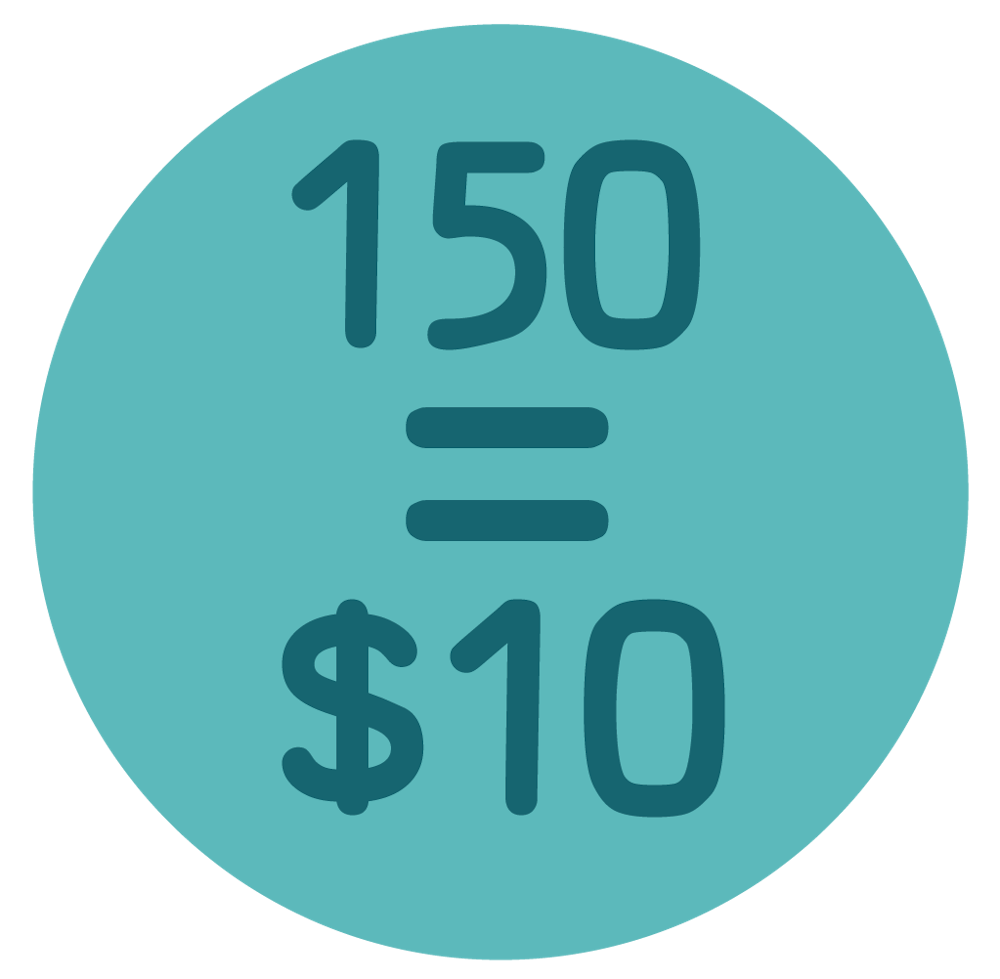 150 points equals ten dollar rewards icon