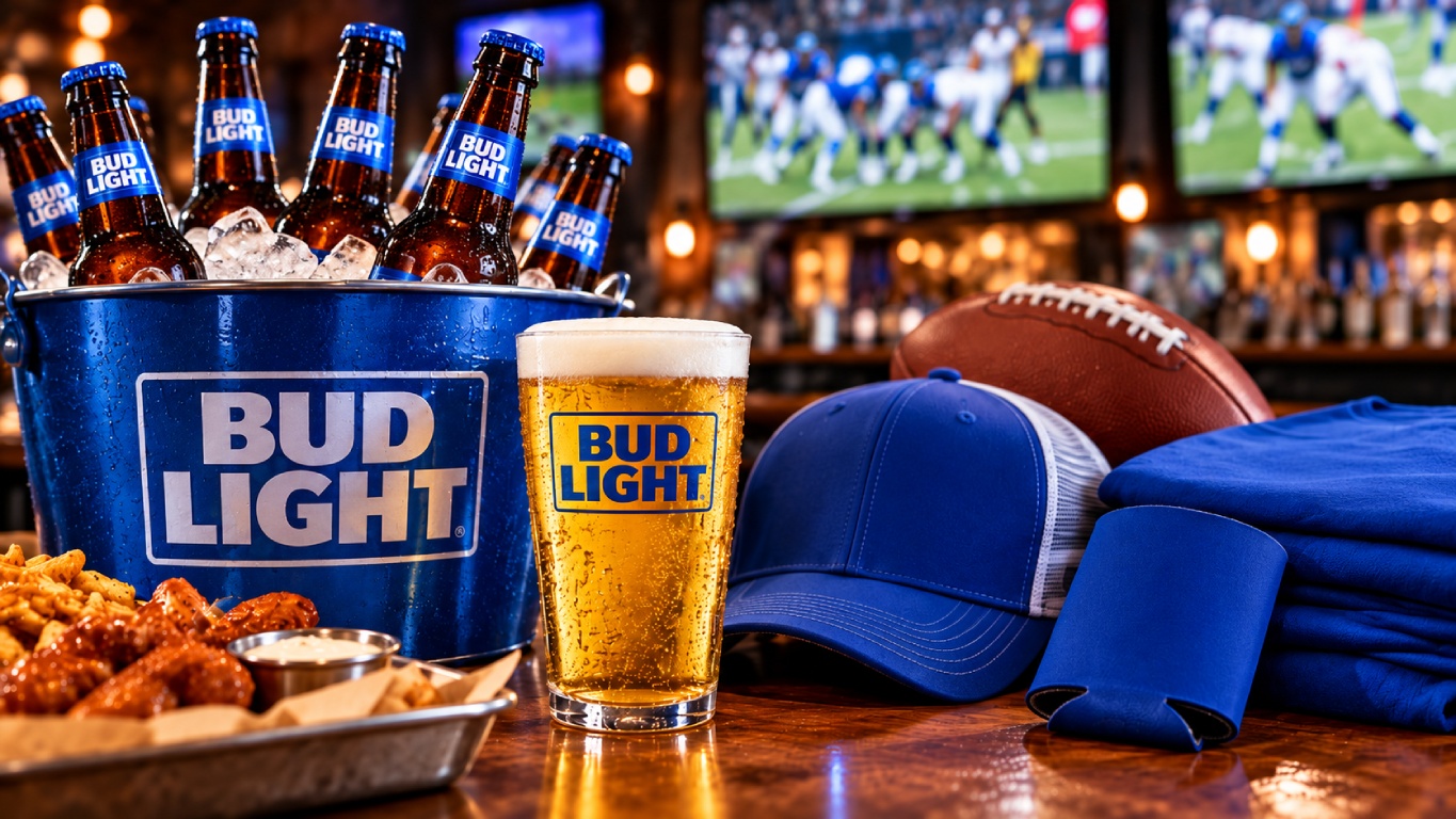 a beer bucket and a football and a ball on a table