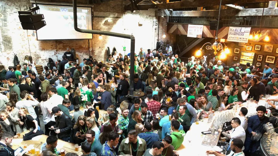 Houston Hall's main floor filled with soccer fans at our Financial District, NYC World Cup watch party.