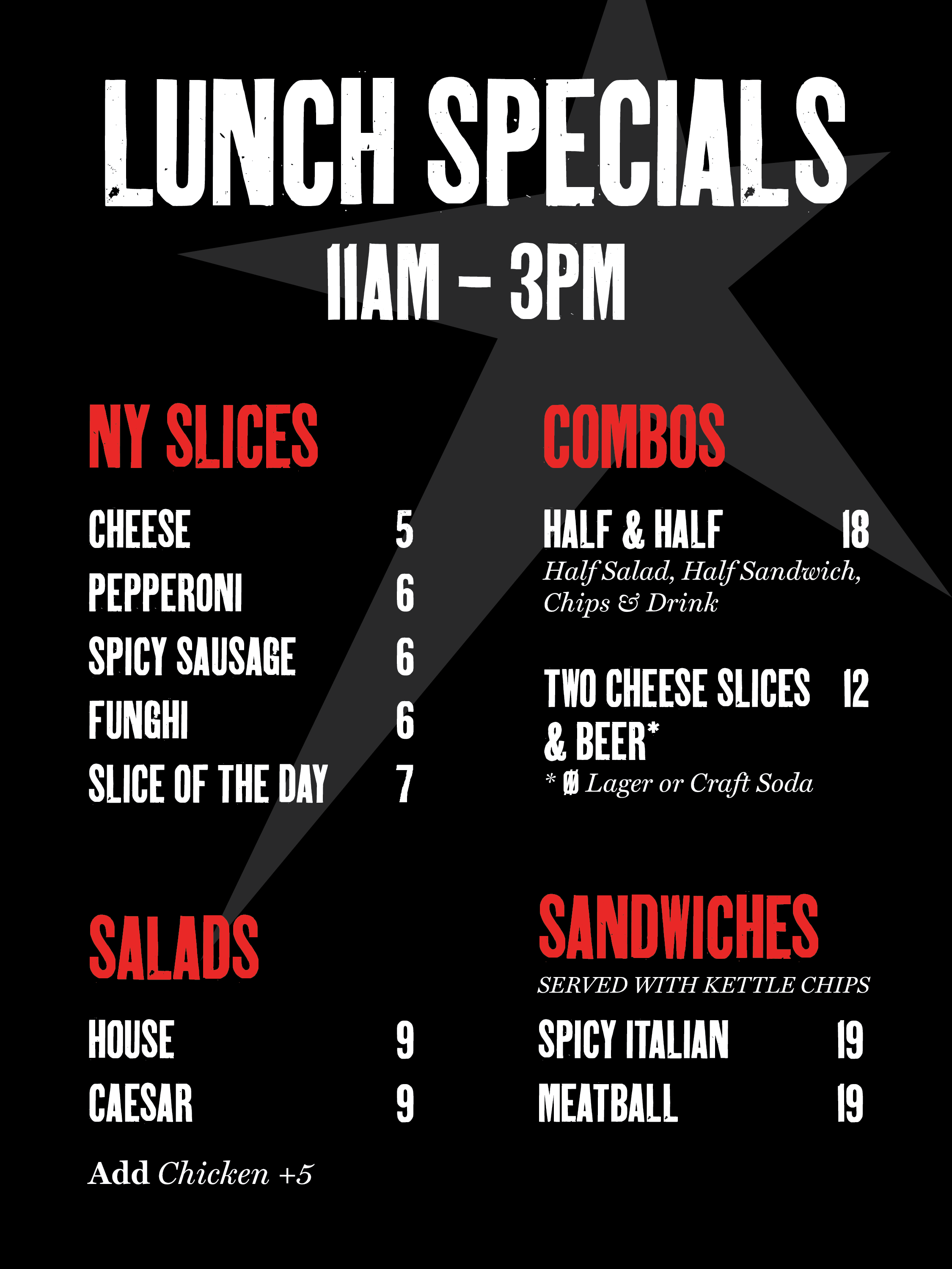 a menu with white text and red text