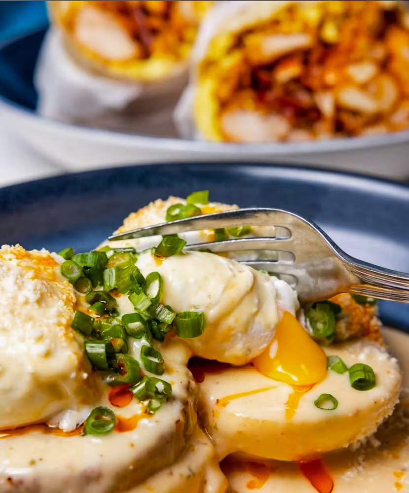 Eggs Benedict on a Bao Bun and a breakfast burrito