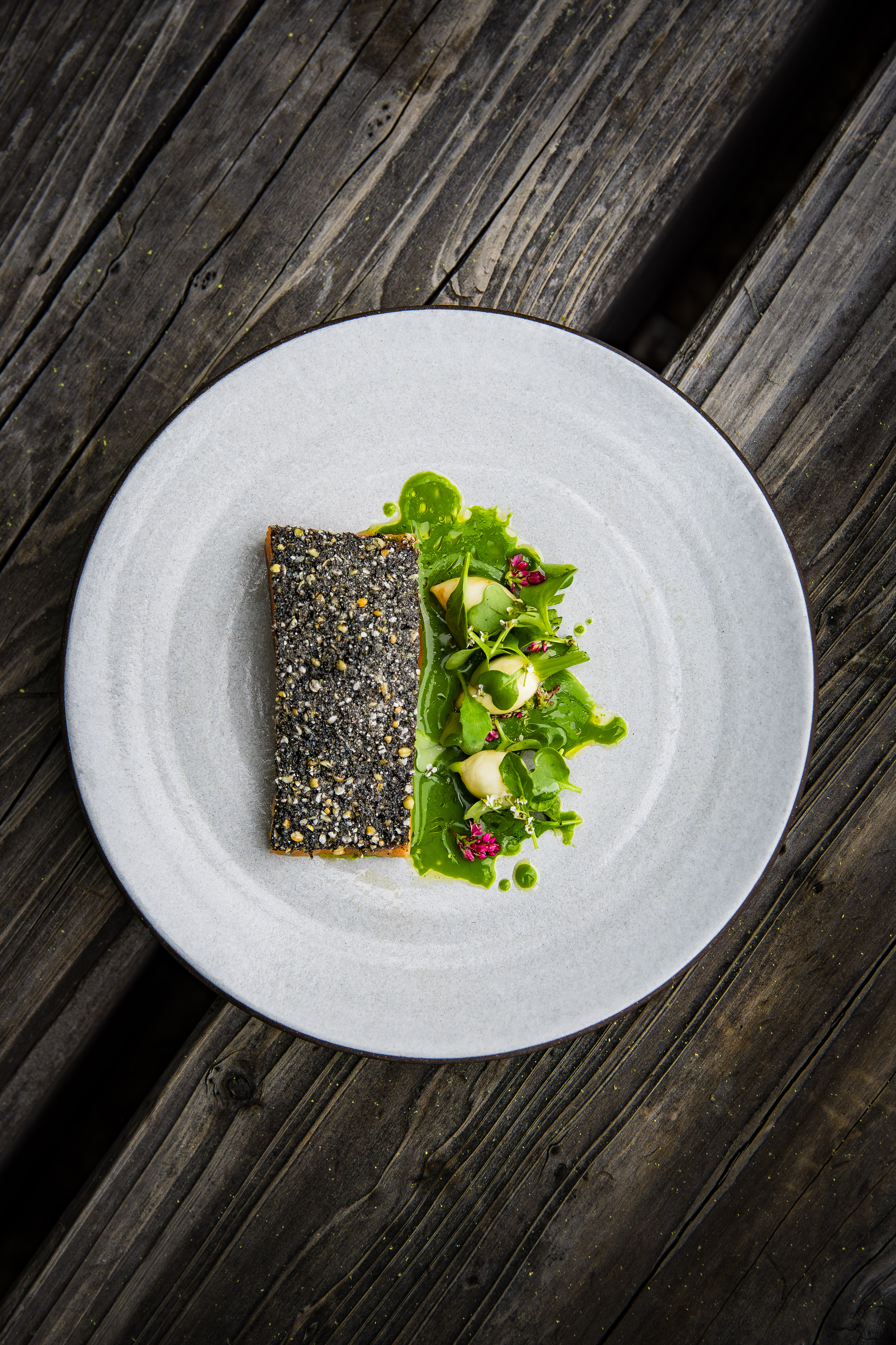 overhead image of the mt.lassen trout with buckwheat crust