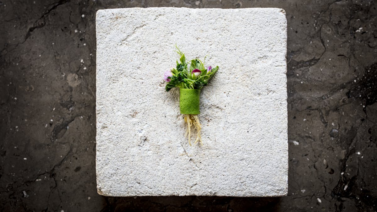 a stone building that has a flower on a plant