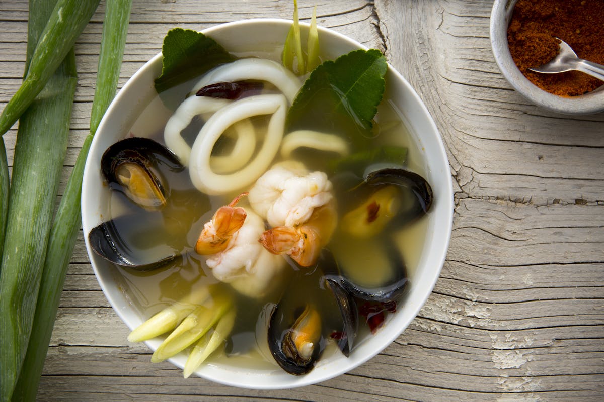 Seafood udon noodle soup – best Thai and Asian food in Dubai at Fuchsia