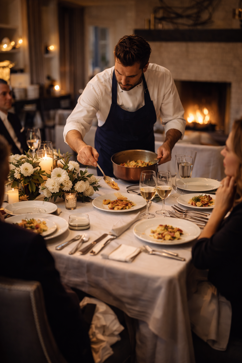 a group of people eating at a dinner table