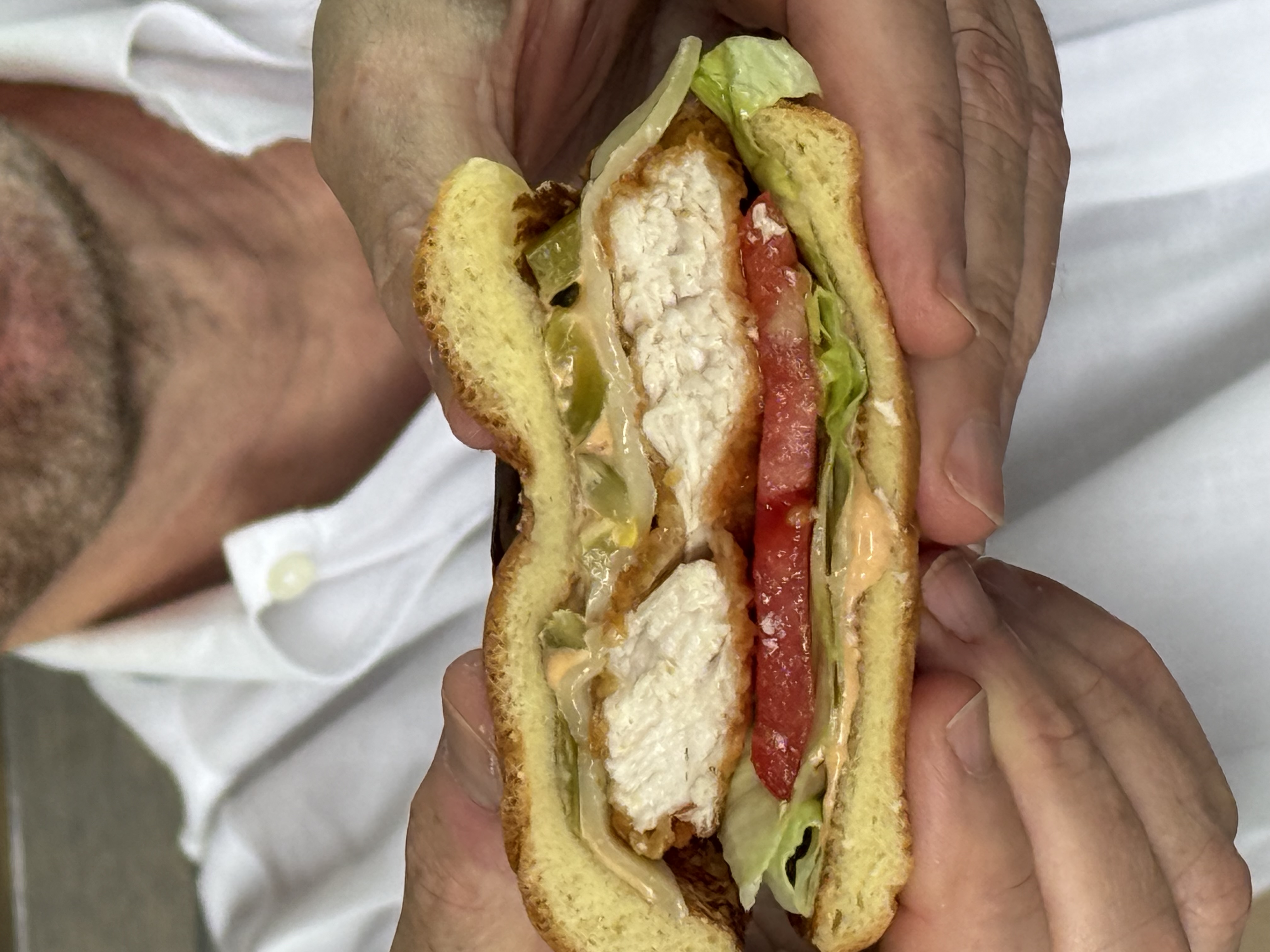 a close up of a man holding a sandwich